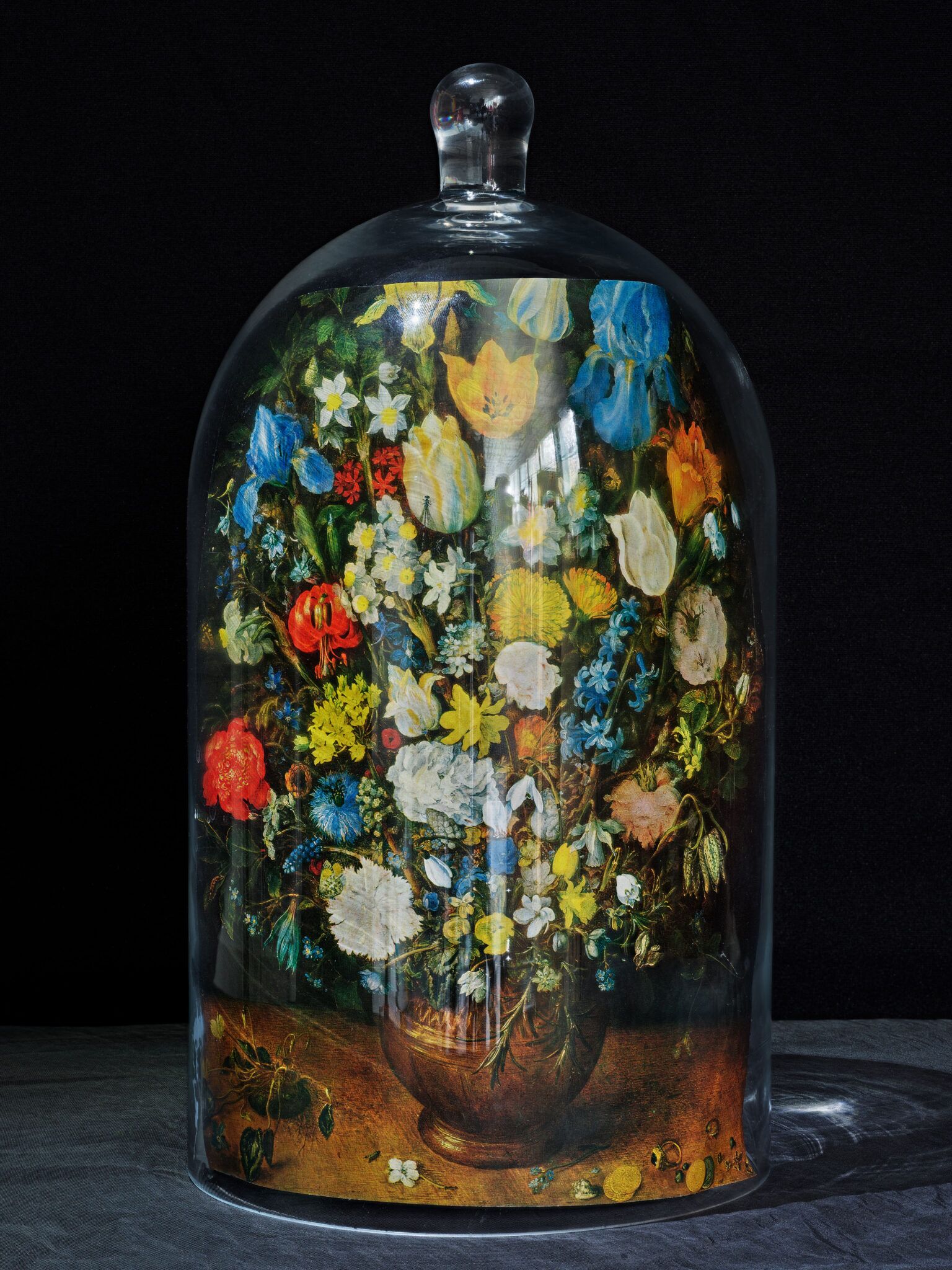 Flower Painting Reproduction Under a Large Glass Dome by Abelardo Morell, a 2019 photograph at Krakow Witkin Gallery, Boston