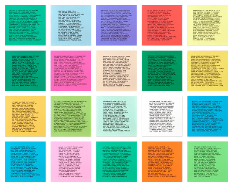 text on colorful sheets of paper