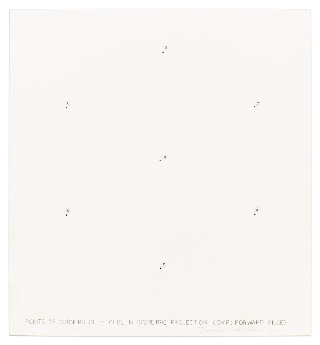 “Points of Corners of 5" Cube in Isometric Projection (D//F: Forward Edge)” an original drawing by Douglas Huebler