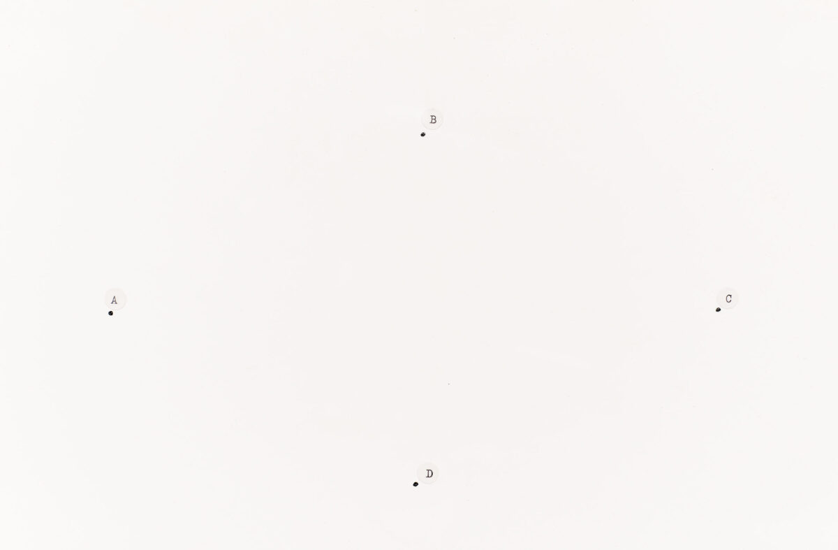 “Points of Corners of 5" Cube in Isometric Projection (D//F: Forward Edge)” an original drawing by Douglas Huebler